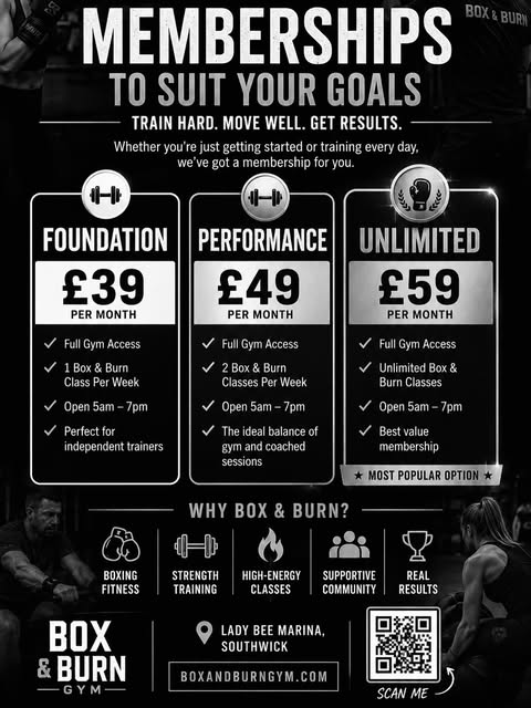 Photo by Box & Burn Gym on June 10, 2026. May be an image of box, card, punchbag, poster, magazine, barbell and text.