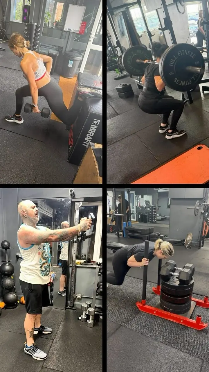 Four shots of members training with barbells and dumbbells
