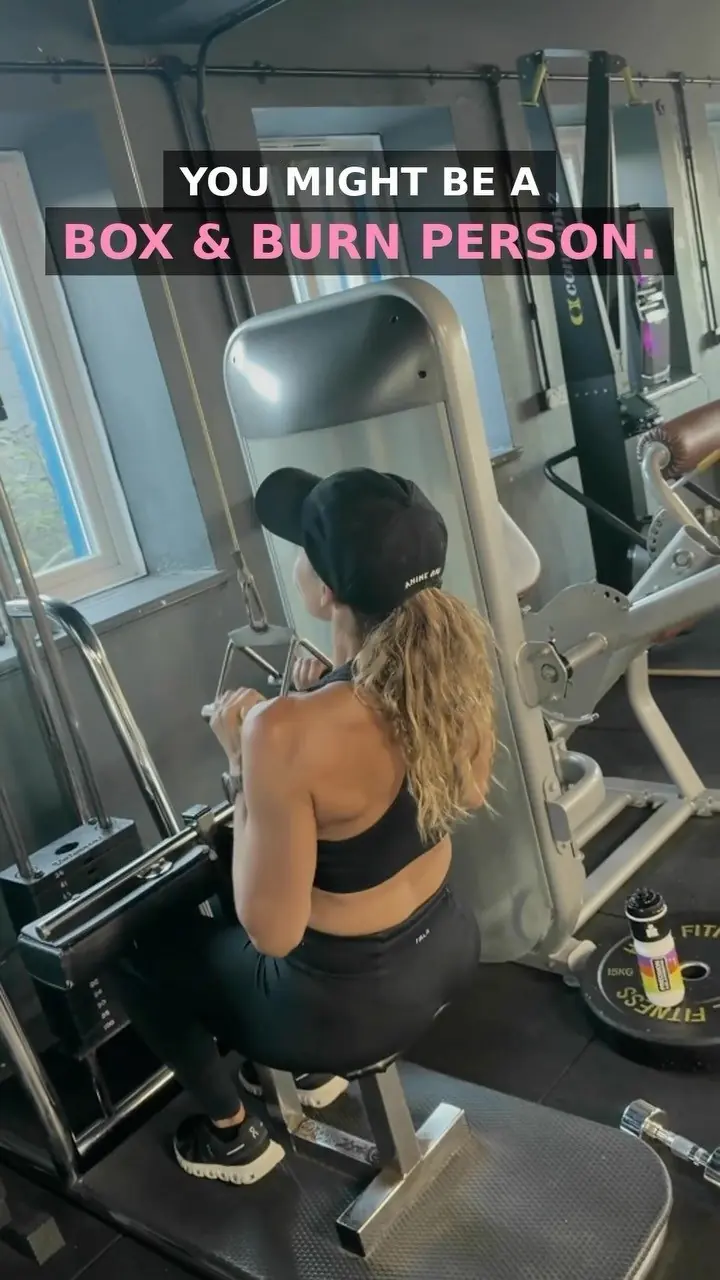 A member on a gym machine, captioned 'You might be a Box & Burn person'